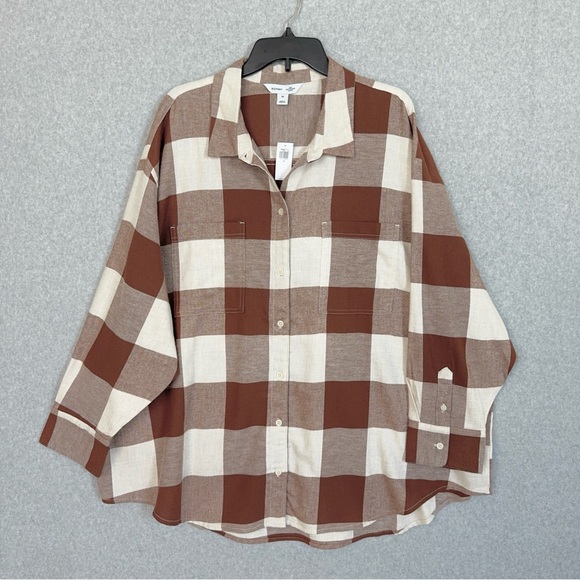 Old Navy Boyfriend Shirt Womens 3X Brown Cream Flannel Button Down Cabincore NWT - Picture 1 of 15